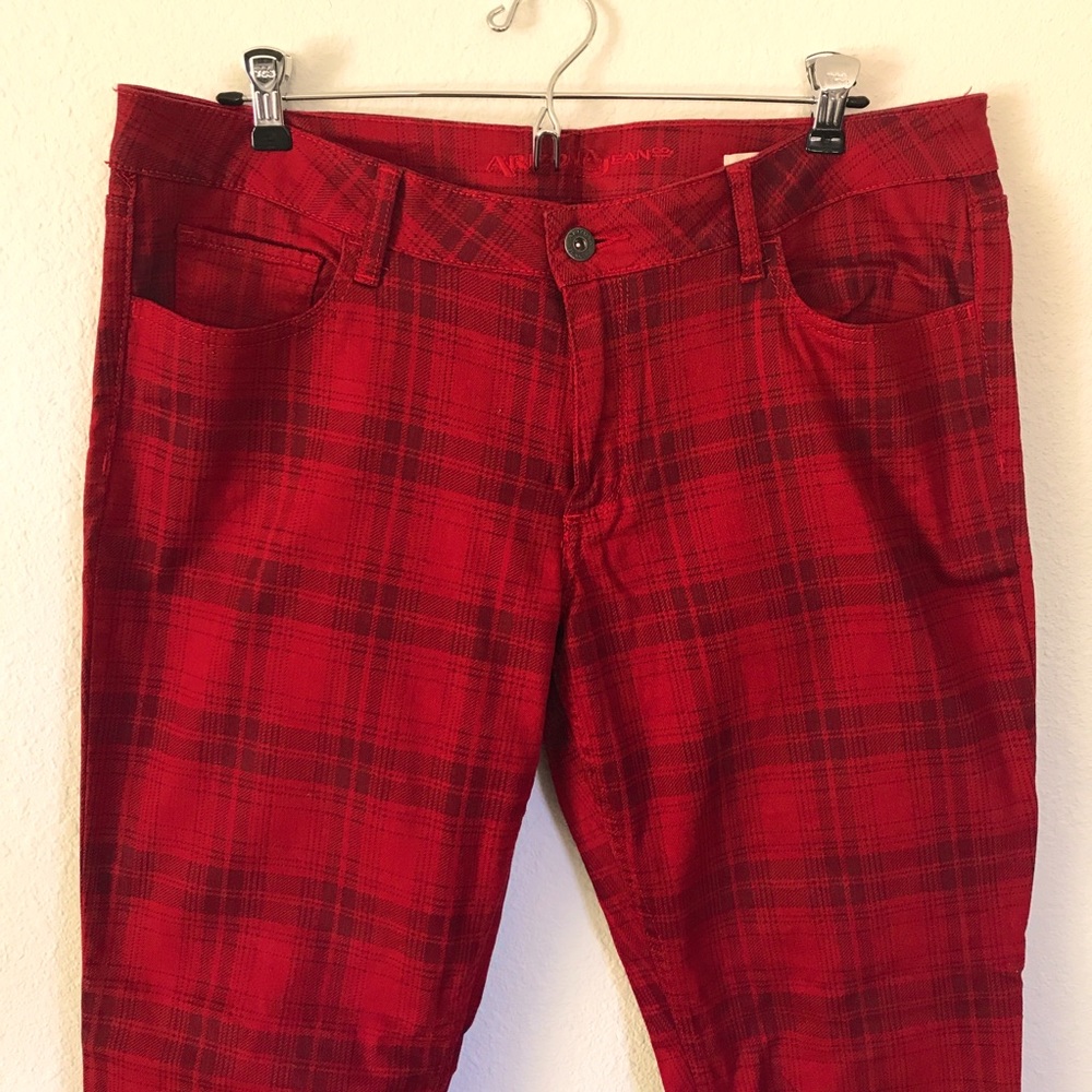 Red Plaid Stretch Skinny Jeans